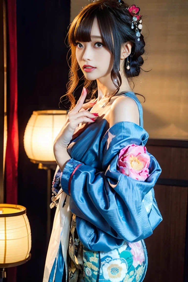 Japanese cyberpunk high fashion of Oiran kimono cool girl, kimono punk, cyberpunk, pink and blue neon color, huge breasts, upper body standing, (Dynamic light and shadow, High resolution, Sharp focus, Depth of written boundary), against bright pink background, nsfw