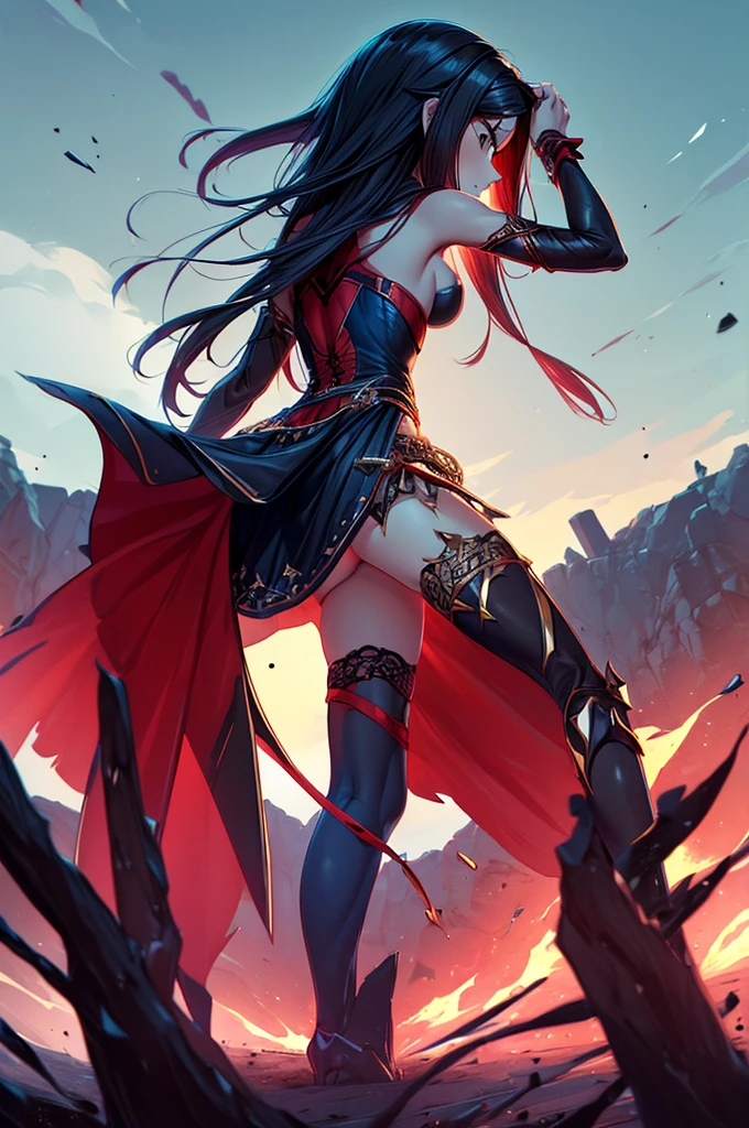(masterpiece, 4K ,Super detailed:1.2), (anime:1), (Perfect quality), (((Adult body))), ((Swinging a big sword, Combat Ready)), The whole body is shown, Looking at the viewer, Big body, Commander of the army、Black Armor, Heavy equipment, A look of contempt, Red hair, brutal, violent
