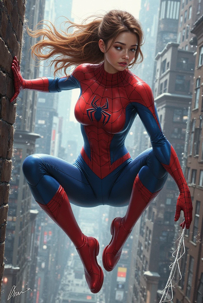 1woman wearing red and black Spider-Man suit, face unmasked, face visible, pretty face, ginger head, red hair, good human anatomy, good hands, crouching on skyscrapers, wind blowing, hair flown by wind, real world scale, (fingers spread out elegantly) , (cleavage exposed)