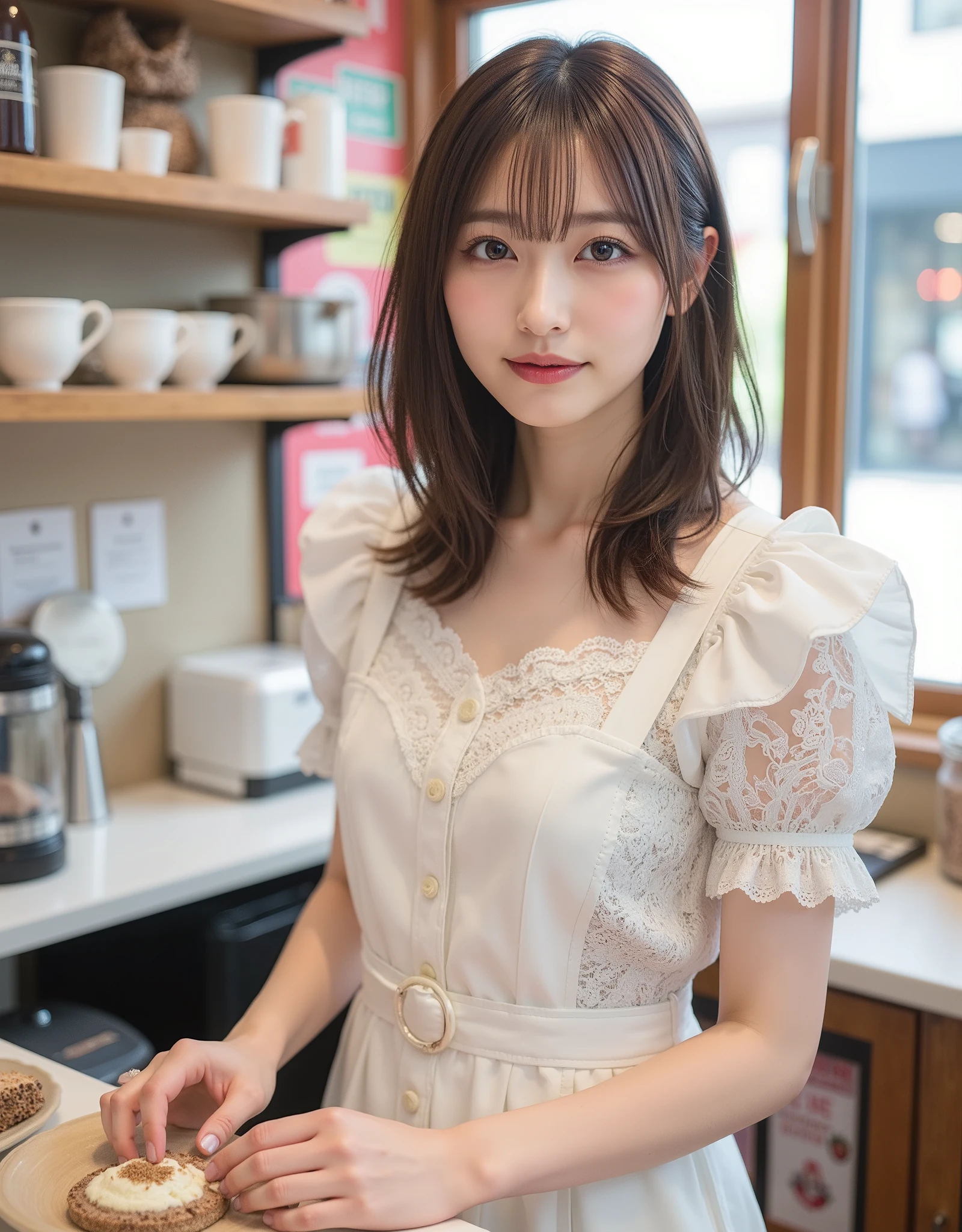 (in a cafe:1.2)、(Spread the highest quality 8K video:1.2)、(Viewers look down from above:1.2)、Beautiful detail style、30 year old young woman、(Cute maid clothes:1.5)、(Sit gracefully in a chair:1.2)、Her beautiful detailed face、Sophisticated makeup、Beautiful details in the eyes shine、Dazzlingly beautiful detailed duplex、Complement its eyes、(Attractive brown hair:1.2)、Perfectly harmonizes with her atmosphere、 She stared at the viewer with a calm expression.、Receive orders with graceful gestures、Gorgeous flowers in the café々Decorated with、Quiet atmosphere、(Her smile:1.2)、With its beautiful detail style、Warm brightness in the store、 This scene is、It depicts a beautiful scene like a masterpiece.、(The viewer is in 8K quality:1.2)、Her presence is、Add charm to your café space、Viewers get a closer look at beautiful details.、It was a fun time、