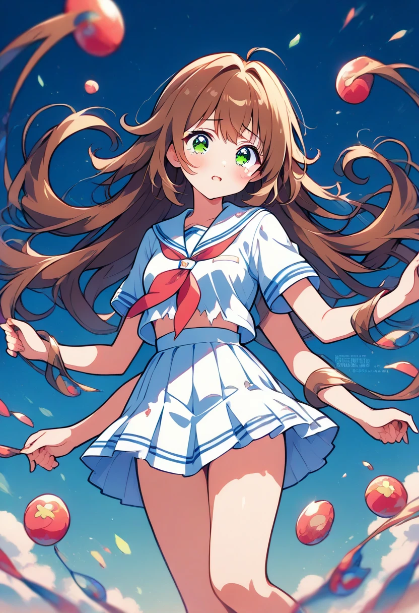 highest quality, masterpiece, High resolution, 一人in, {Kuma_Fleet Collection:1.15}, Brown_hair, length_hair, Ahoge, Brown_eye, Huge_Ahoge, blush, smile, Open_mouth, serafuku, One girl, :is, 前hair, tooth, green_Sailor_collar, hair_Intake, Looking_in_Audience, neckerchief, Sailor_collar, School_uniform, shirt, short_sleeve, very_length_hair, white_backgrounis, white_shirt, Little, haniss_superior, reis_neckerchief, belly button, Simple_backgrounis