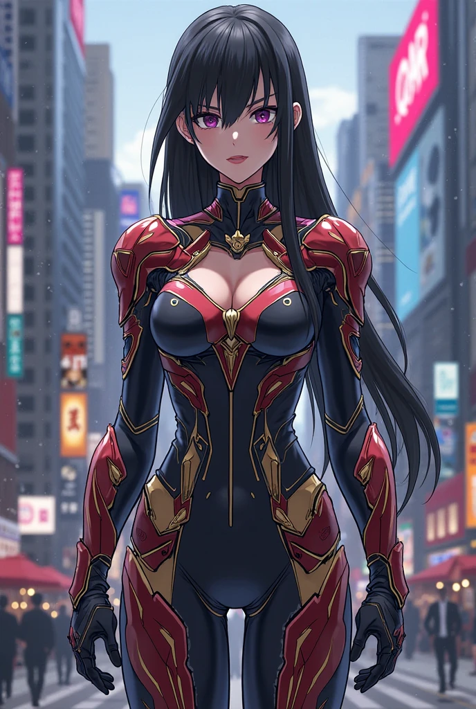 26 year old woman, beautiful face, fair skin, very long flowing black hair, blue eyes, red lips,button nose,perfect body, curvaceous body, huge breasts, slim waist, wide hips,mecha armor,modern city,night,city lights,wonderful,impressive scenery,exciting,ultra-modern,technology-driven,sleek design,dynamic,futuristic,fast-paced,majestic skyscrapers,glowing neon lights,vibrant colors,shimmering reflections,illuminated streets,glamorous,female elegance,chic attire,captivating smile,perfectly styled hair,determined gaze,high-quality,masterpiece:1.2,ultra-detailed,realistic:1.37, HDR,UHD,studio lighting,professional,vivid colors" on balcony of a tall hotel