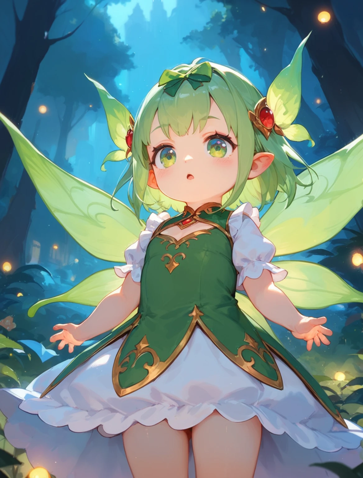 A very, very small fairy, her size is 20 centimeters. She is lying on the palm of someone’s hand. She is covering her private parts with leaves. She is in the forest. She is lying on someone’s hand and he is holding her up in the air. She is looking in amazement. She is cute. Her hair is yellow. She is 13 years old. Her size is very, very, very small. Smaller than a palm. Human she is lying on someone's hand