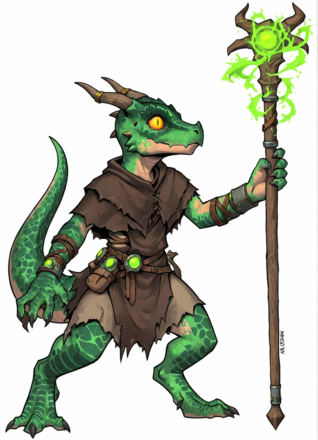 kobold, green scales, plague mage, GreySeer, horned, magic green gems,