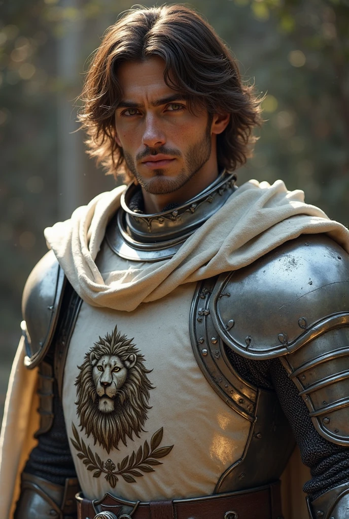 (photorrealistic:1.4, 8k, dslr, Nikon D850, CRU, work of art:1.2, best qualityer) a photorrealistic image featuring a handsome male kinight , medieval armor,hot Pecs, big huge pecs bara.embodying the luxurious and earthy qualities of Undercut hair, Beard Against the backdrop of a huge, sumptuous castle,, the model exudes sensuality and strength. Ensure attention to detail in the model's outfit, emphasizing comfort and opulence, and incorporate smooth, natural lighting to improve overall aesthetics.