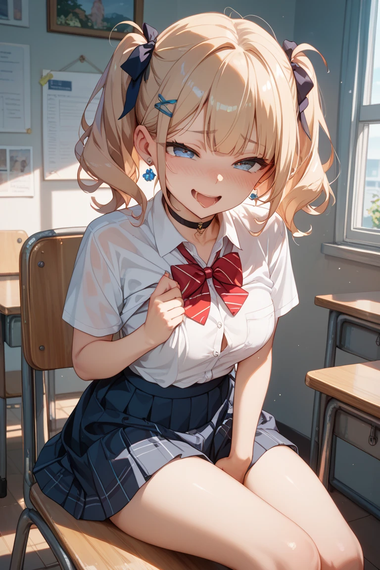 (masterpiece:1.3, top-quality, ultra high res, ultra detailed), (realistic, photorealistic:1.4), beautiful illustration, perfect lighting, natural lighting, colorful, depth of fields, surrealism, 
beautiful white detailed hair, beautiful detailed face, beautiful detailed red eyes, beautiful clavicle, beautiful body, beautiful chest, beautiful thigh, beautiful legs, beautiful fingers, shiny skin, babyface, 
looking at viewer, 1 girl, japanese, high school girl, (perfect anatomy, anatomically correct, super detailed skin), cute and symmetrical face, perfect face, perfect eyes, perfect fingers,
(long hair, side ponytail, ash blonde hair), asymmetrical bangs, blue eyes, big eyes, long eyelashes, (large breasts:1.2, seductive thighs), slender, outstanding style, 
((detailed cloth texture, break,break, white collared shirt, break,break, navy blue suit vest, break,break, blue plaid pleated skirt, break,break, purple blue bow tie), socks, black loafer), 
(beautiful scenery), (classroom, desk), (standing, leaning forward), (table humping, crotch rub), (heart shaped pupils, :3, aroused, ahegao, orgasm, in heat, naughty face, open mouth small), 
