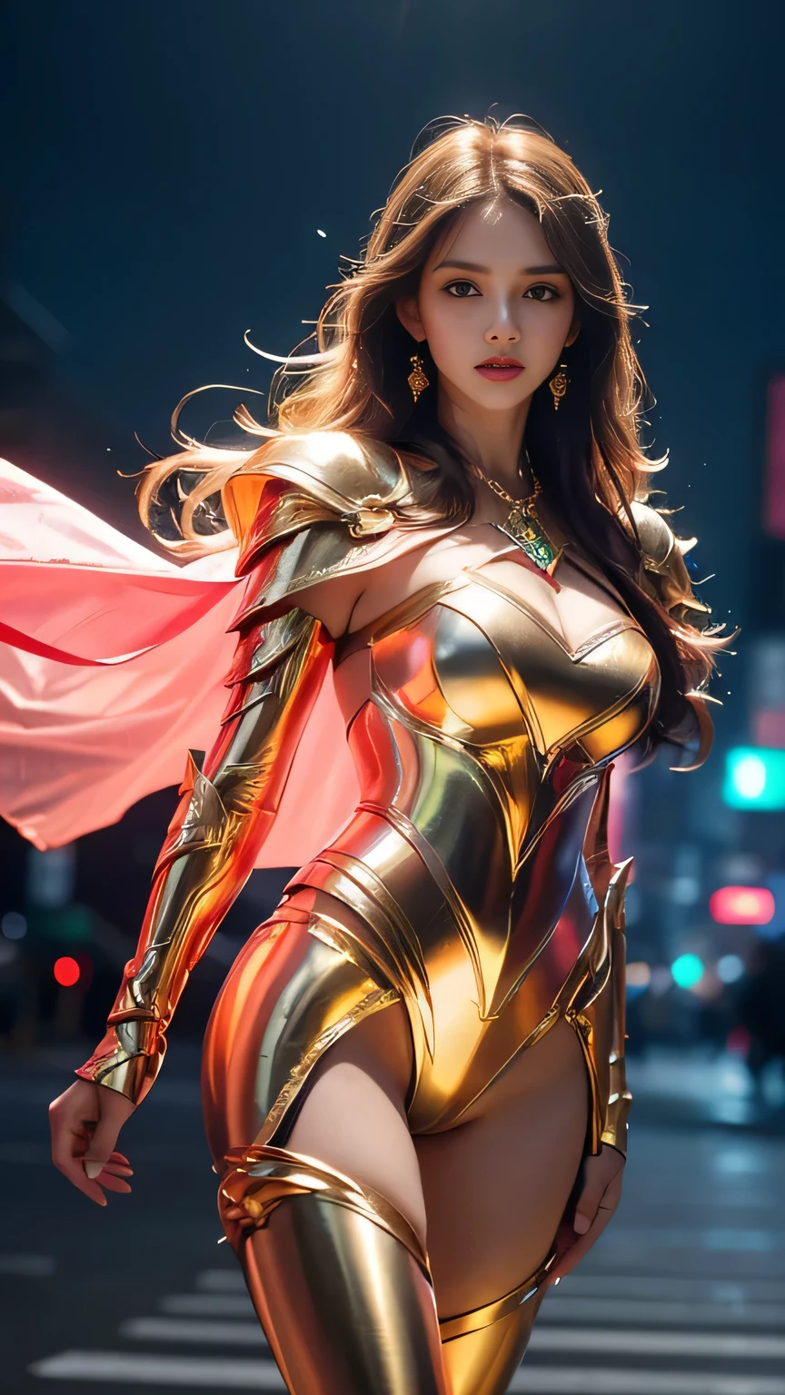 Virtual image,Realistic picture 8k,Masterpiece,complete anatomy,Sharp details,Top quality,Young woman with long, flowing brown hair,Has a beautiful breast.,Big breasts,cyborg robot,Golden body_metallic red,A smile corners his mouth, looking at me.,The background is a deserted city.