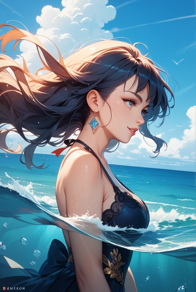 A peerless beauty swimming by the sea,blue bikini,Extra-long hair,(White skin of the,Unbelievably huge),beautifullegs,Perfect flesh,((tmasterpiece)),(Best quality at best),(Highest definition)