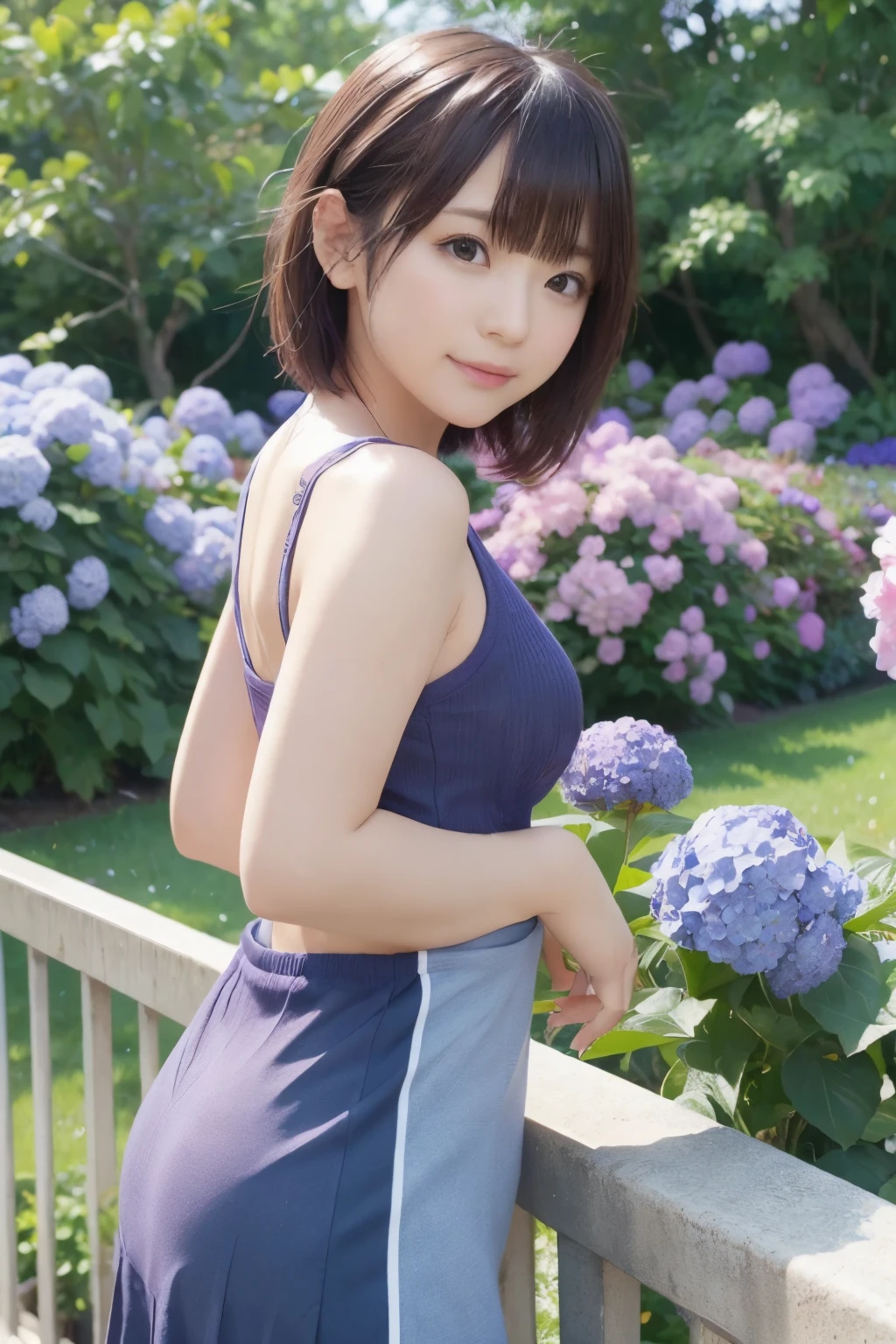 beautiful japanese woman、Voluptuous body shape、short hair、Passion blue one piece swimsuit、Smiling expression、The background is a colorful flower field
