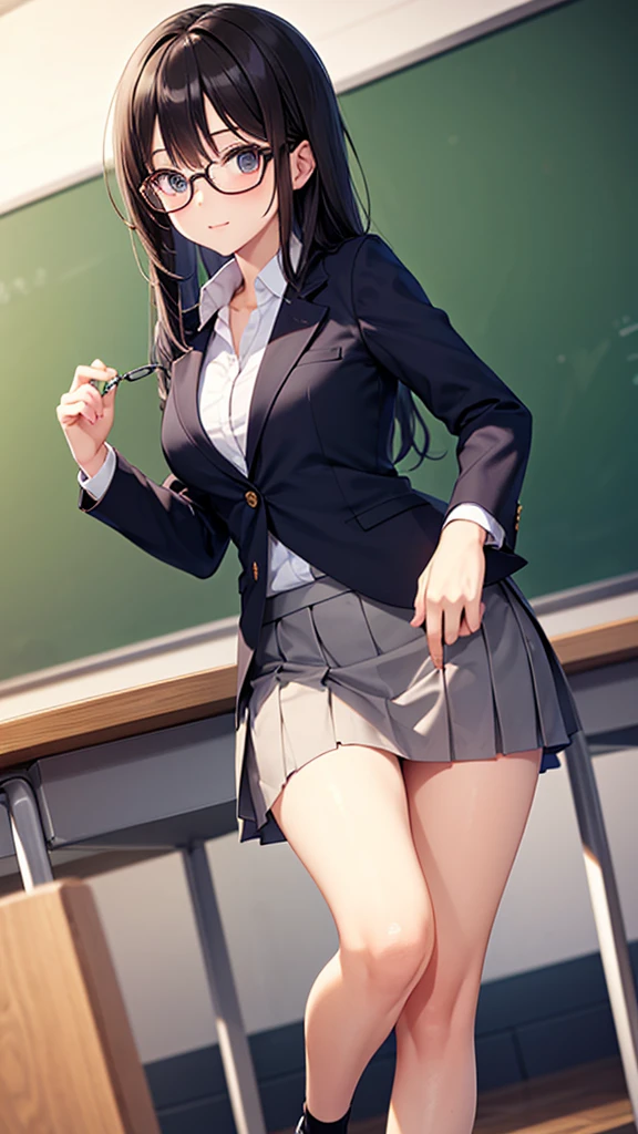 (((masterpiece, Highest quality, High resolution, 超High resolution, Perfect Pixel, Depth of written boundary, 4K, RTTX 10.0))), Beautiful Anime Woman, Beautiful art style, Anime characters, ((Smooth texture, Realistic texture, Anime CG Style)), Exact finger count、Exact number of legs、(Exact number of arms:1.0, Exact number of hands:1.0), (Perfect hands, Perfect Anatomy), Cinematic, Realistic, Extremely detailed CG, Daytime lighting, Perfect lighting, Best Shadow, The best natural light, whole body, Perfect body, Slender body, ((bangs, Dark reddish brown hair, fashionable and cute hairstyle), Long Hair, Glasses), (Detailed face, Cute Face), (A grown woman standing with her own hand lifting up her skirt:1.7), (Female Teacher Suit, Red vest, Black mini tight skirt, Black knee socks, pumps:1.3)、Angle from the front, ((セクシーでかわいいWhite panties:1.3), (Glossy satin panties, Side-tie panties, 黒レースWhite panties:1.3), (White panties, garter belt:1.3)), (Beautiful big boobs), (Beautiful and thin thighs:1.3), Feeling embarrassed, (blush:1.2), (Very embarrassed look:1.5), (School classroom, Desk and chair, Teaching Excellence, Many male students in the background, The male students are chatting.:1.4), sbrooch, jewelry, ascot, red vest