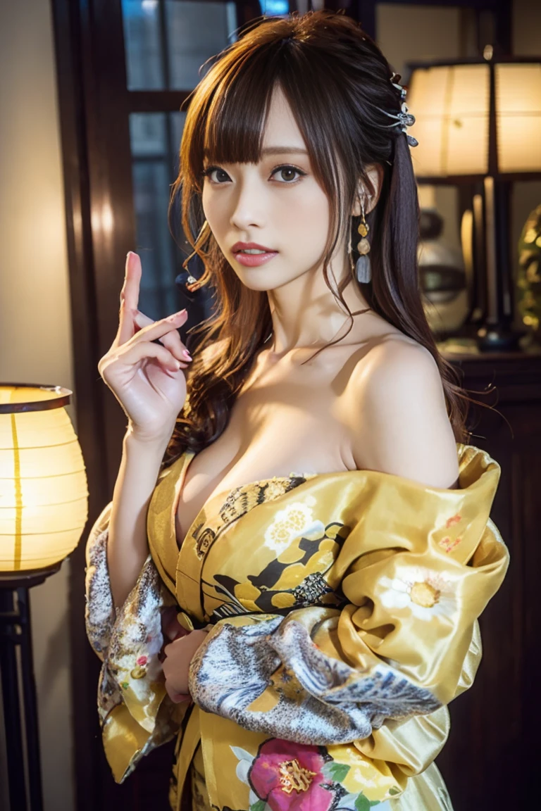 masterpiece, Highest quality,Large Breasts、pink kimono、Cinematic atmosphere、Professional composition、Natural Body、fantasy,sitting in front of a golden screen、flower arrangement、tatami、looking at the camera、real、A body that is not unnatural