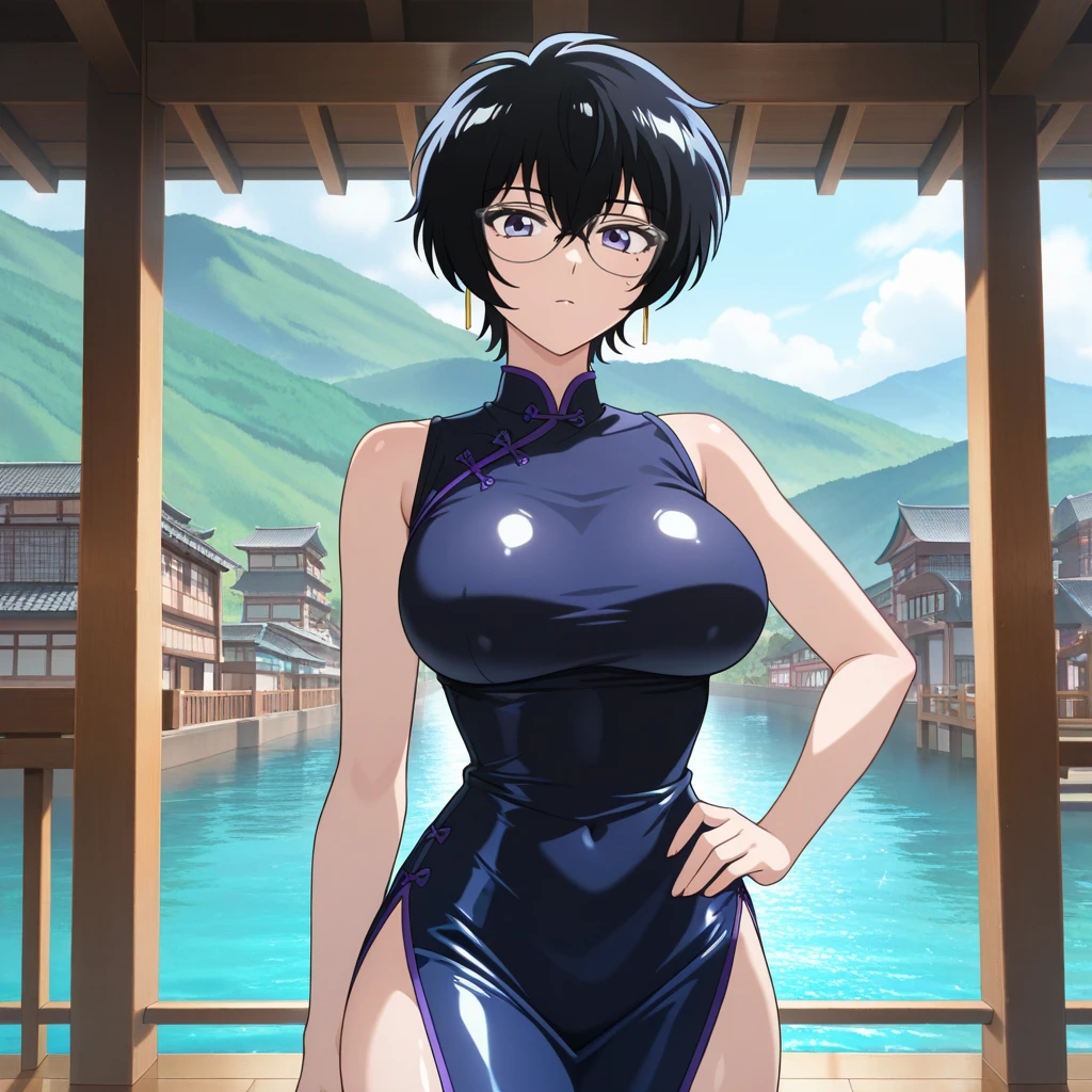 Best Quality, Masterpiece, Itsuki Shima, mature woman, Alone, ultra detailed, ( to complete ), (standing inside the room while looking at the spectators), (cowboy shot:1.2), short hair, Brown hair, bob cut, thick thigh, thick body, Huge , neckline, (a milf), sexy, Masterpiece, high quality, professional artwork, trend on pixiv.