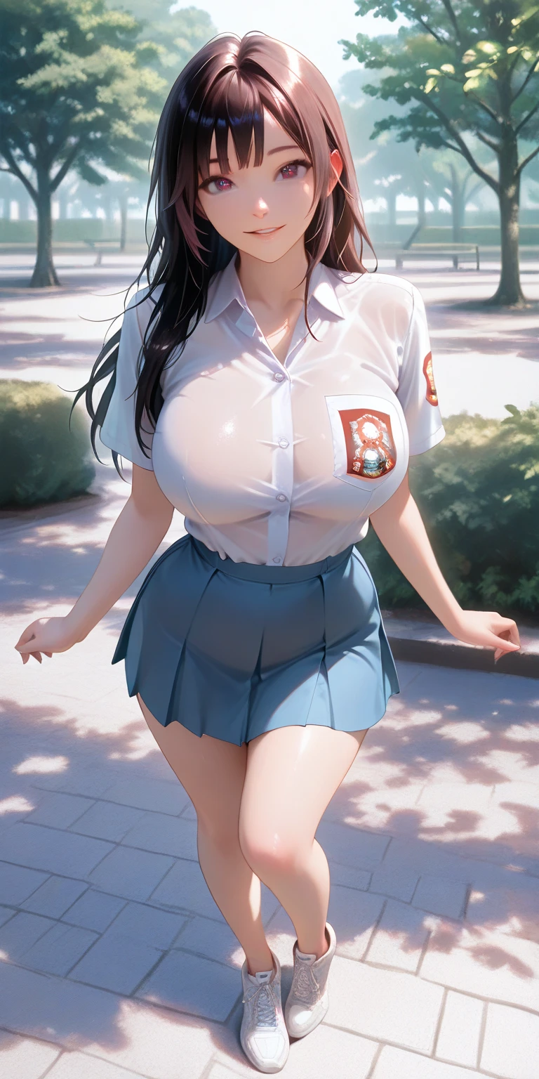 <lora:zodiac style v1:0.75> <lora:0159 student_v1:0.5>very aesthetic, (ultra high resolution:1.2), distinct artwork, (realistic:1.1), beautiful artwork, 3D, depth of field, 1female, (mature female:1.3), (milf:1.3), solo, detailed beautiful face, detailed beautiful black eyes, (lipstick:0.8), (smile:0.9), black hair, long hair, wavy hair, blunt bangs, detailed beautiful oily skin, (abs:1.2), huge breasts, (sagging breasts:1.2), thick thighs,ruanyi0159, randoseru, gym uniform, white training shirt, covered nipples, (crotch wedgie:1.2), (skindentation:1.2), yellow hat, school hat, backpack, lace-trimmed stockings, looking at viewer, outdoors, school gate, realistic background,(((straddling))),,