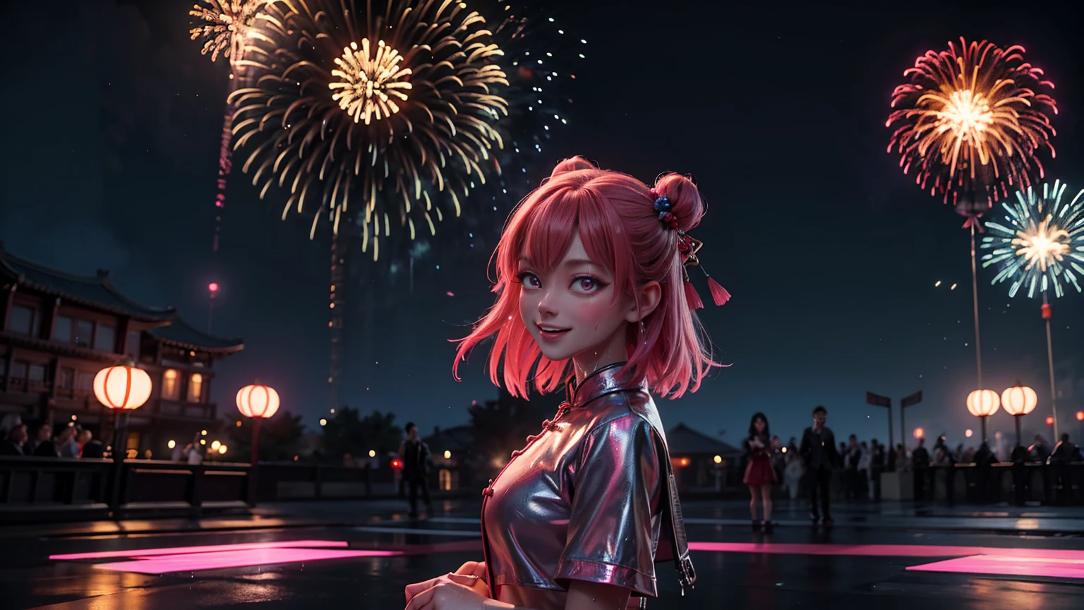 portrait,landscape,painting,illustration,yae miko, sleeves separated, strapless, (sideboob:1.45), pink hair, long hair, Japanese clothing,festive atmosphere,(grand fireworks display in the night sky),sparkling fireworks,mesmerizing colors,romantic ambiance,futuristic skyscrapers,tall buildings,reaching towards the sky,glowing neon lights,amazing architectural design,twinkling stars,celebration of the new year,overwhelming sense of excitement,magical moment,inspiring and artistic composition. best quality,4k,8k,highres,masterpiece:1.2,ultra-detailed,realistic:1.37,