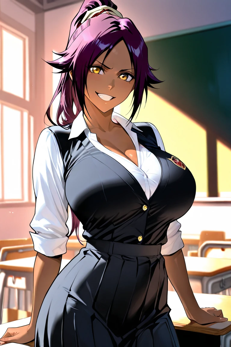 ((masterpiece)),(best quality),(detailed), 1girl, short hair, purple hair, messy hair, red eyes, grin, (dark skin:1.3), white school shirt, school skirt, portrait, classroom, huge breasts