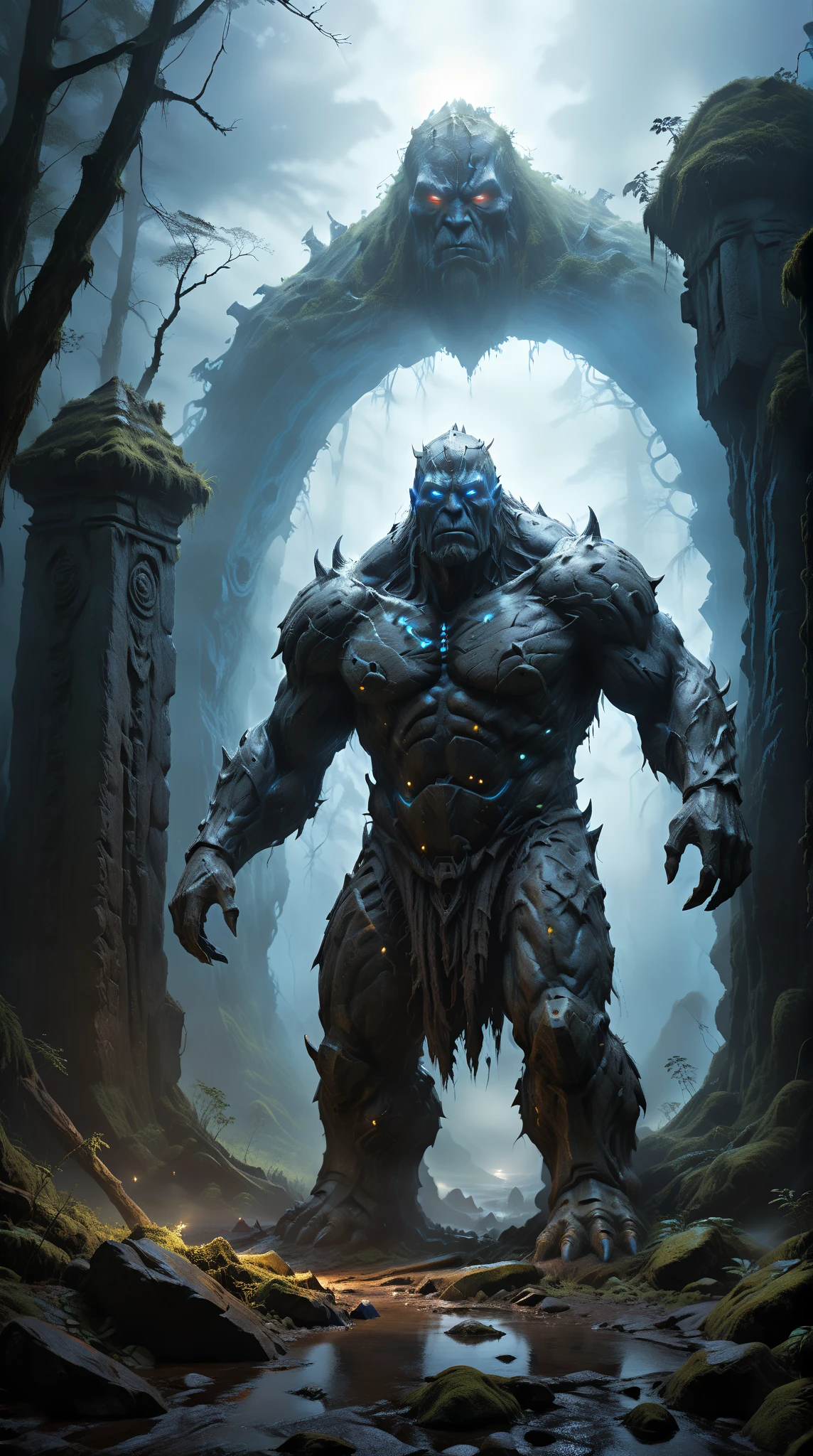 Dark fantasy art, Dark RPG art, (best detailed : 1.5), (best quality,ultra-detailed),(fantasy,imaginary) of the Golem in Prague guarding the Jewish cemetery at night, an epic clay Golem, massive body, Glowing Eyes Meme, masive arms, the castle of Prague in the background, best quality, (extremely detailed: 1.5), picture taken f range, ultra wide shot, photorealism, depth of field, hyper realistic, 2.5 rendering,