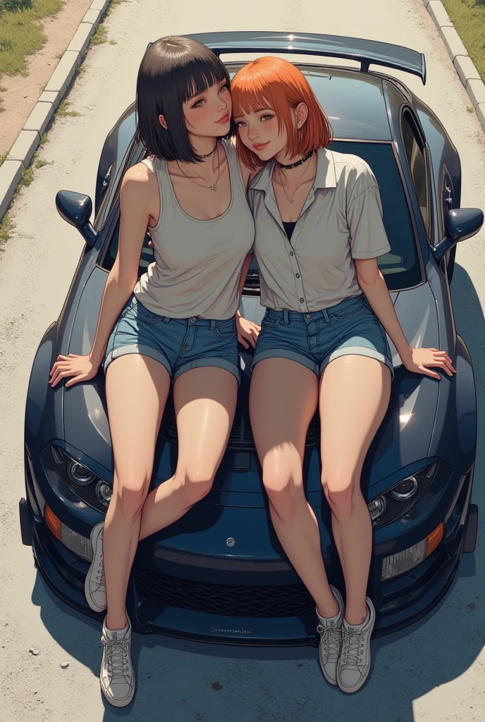 (masterpiece, best quality), 2girls, young teen, (skinny:1.5), ((two women in front of a car:1.3)), vibrant colors, bright, white, watercolor, (small breats:1.2), ((small ass:1.3)), (naked:1.4), (very small sexy t-shirt top:1.5), (oiled:1.5), (front view:1.4), ((sitting:1.4))