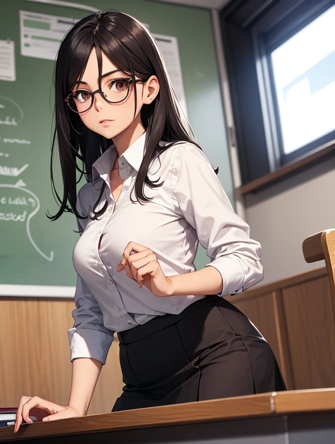 arafed asian woman sitting on a desk in a classroom, with glasses, full subject in shot, korean girl, nerdy, japanese goddess, japanese model, with glasses on, a hyperrealistic schoolgirl, hyperrealistic schoolgirl, in a classroom, beautiful asian girl, asian girl, thick glasses, sakimichan, cute schoolgirl, russian and japanese mix