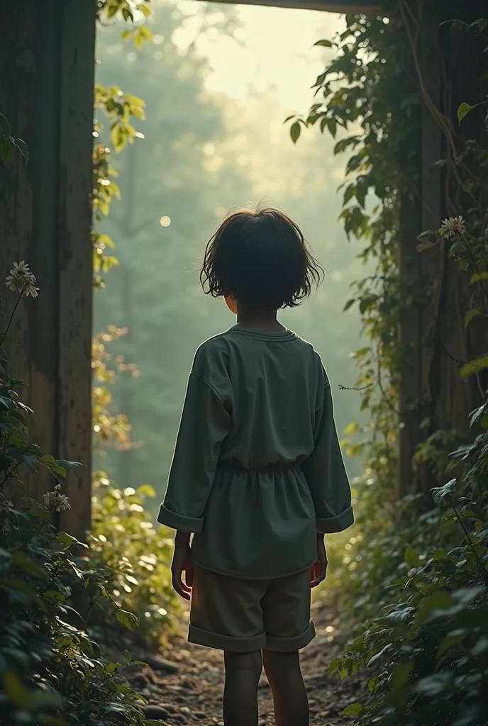 girl with short hair and brown hair white skin with chinl eyes  green shirt with black stripes  in a forest at night with an owl  