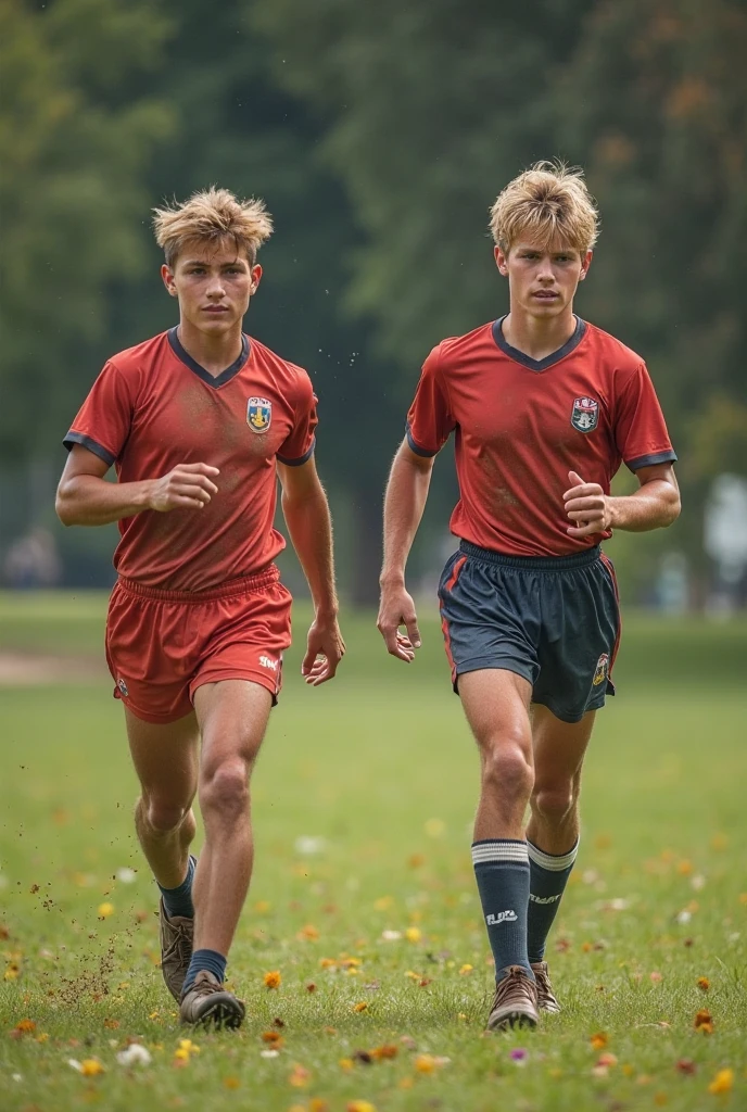 Zollverein, 1940. A young ((((14-year-old)) Werner Pfennig)), young man, gym class, running, ((((clothings from the 1940s, white shorts and t-shirt)))), ((platinum blonde hairstyle of the 1940s))