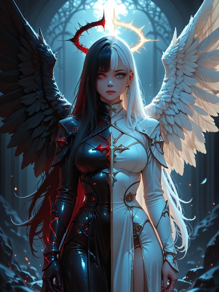 Epic CG poster, oil painting, two sides of a girl, white angel dress with white wings on the left, black devil dress with black wings on the right, long hair, perfect face, frontal shot, symmetry, natural split, cinematic light effects, 8K