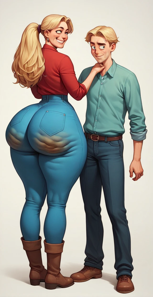 Jessica Rabbit is buying with a fat old man, she has big tits and a big ass, she is wearing top and jeans and long boots, he is wearing a shirt, he is bald, backery