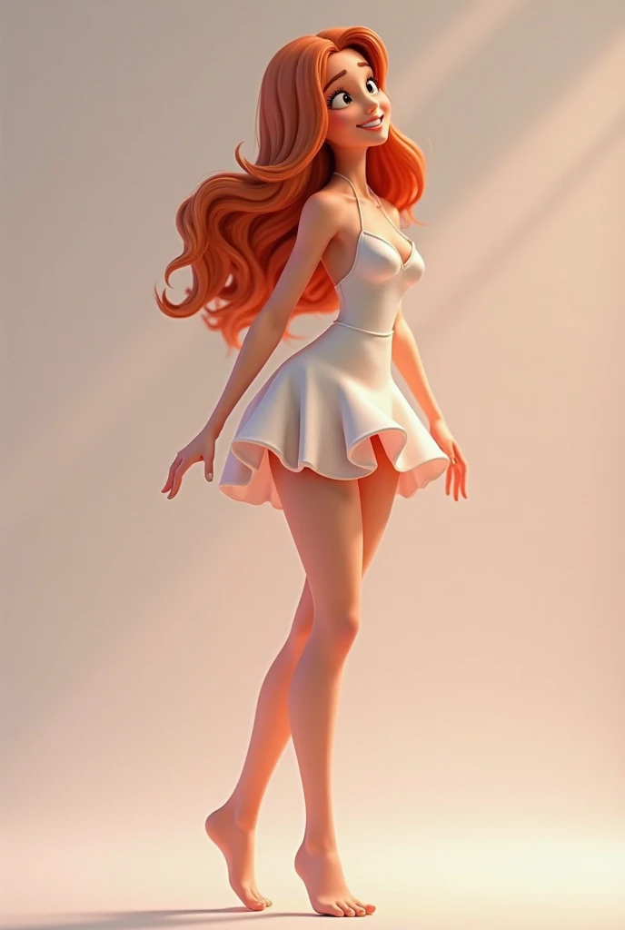 (Disney Pixar Style: 1.2) (20-year-old adult: 1.15), white, hazel eyes, wearing a modern dress, large breasts, standing in a T-shape with small waist, open and stretched hands with large legs looking straight ahead so that you can see the five fingers of the hands and the outstretched arms, the blonde separates her legs but makes her skinny with big legs





