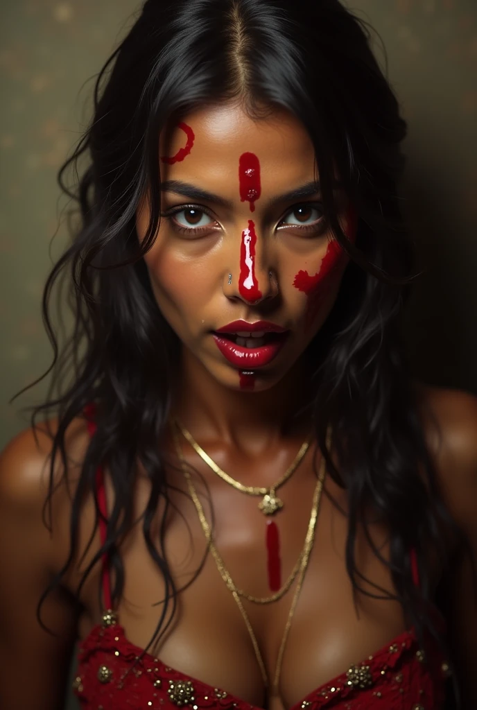 (horror background), creepy ambience,red eyes, indian woman,one hand is calling someone, glowing eyes, black hair, wearing red sleeveless dress, scary smile, full body ,sitting, building, (insanely detailed, beautiful detailed face,beautiful detailed eyes, masterpiece, best quality, painting style, 4k, ultra high resolution
