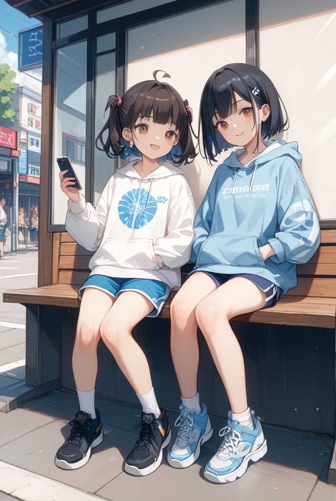 ((Highest quality, masterpiece, freak, Super Resolution)), 2People Girls、Black hair ponytail、Big ribbon、Sitting on the steps in front of the station、 (Spread your legs)blush、from the front、(Blue denim tight mini skirt、Ultra mini skirt)、light blue lace panties、 loose socks、sneakers