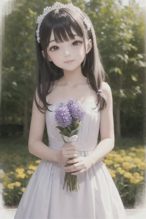 Cute Baby Chibi Anime,Curly Sauvage Hairstyles with Brown Hair,A smile,Denim shirts and(Floral Pleated Skirt:1.2),The background is the Royal Botanic Gardens, Bouquet in both hands