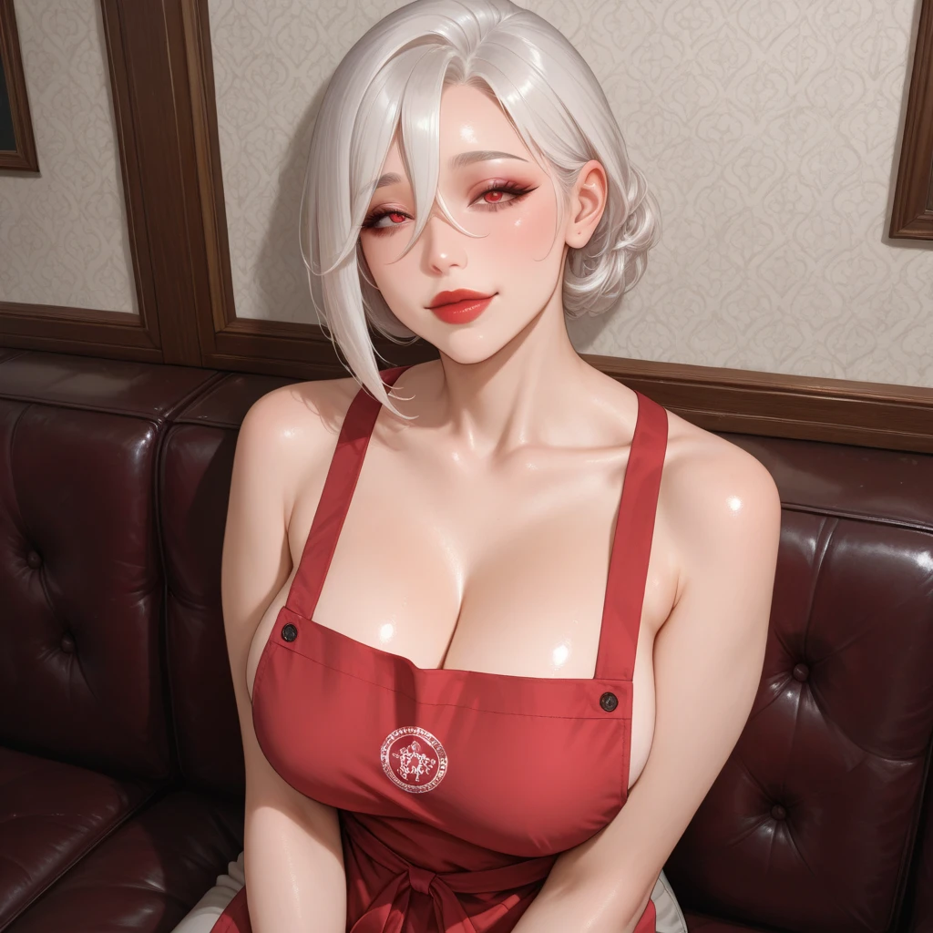 ((highest quality, 8k, masterpiece :1.3)), One Girl, Beautiful woman with emphasis on abs :1.3, (Short Hair, Huge breasts), Casual clothing :1.2, Highly detailed face, fine grain, Sexy woman with double eyelids, Beautiful smile, Lip gloss, Dramatic makeup, Close-up photo, (big glitter necklace), (big shiny bracelet), Daytime scenery, big shopping mall background, Improve, (((Stylish platinum blonde hair with coral highlights))), ((Business style coral leather dress)), Sweet and sexy, Captivating look