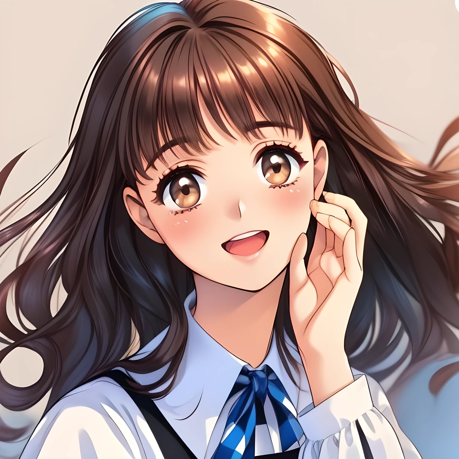 (highest quality, masterpiece:1.2), highest quality, High resolution, 1080p, 8K, (My beautiful pretty girl friend is (walking beside me), turning to me, looking me up, hypnotizing me by neat beauty, ((laughing at me)), (love-story comic heroines), (intelligent and perfectly balanced slender style), feeling too funny, amazingly neat & clean, in peace and neat lovely strong charm, cutely tilted head), (Too noble beautiful lady like a love-story comic heroine), (laughing like watching a comedy), A very lovely, very noble, pretty and pure beautiful girl. ((Bursting out Laughing very elegantly)), ((white grown face)), Using expensive whitening cosmetics by cosmetics artist: 1.2), (pamper and spoil you: 2.0), (curled) bangs, (Too beautiful blue fascinating shiny (double-lidded) (brown eyes) with love to the viewer, ((deep upper girly eyelid)), ((huge eye pupils)), laughing with detailed clearly: 1.5), (Dark blue vest school uniform, (Neat smart (white school frilled blouse))): 1.8), (A very neat, ((realistic), (dark-blue) pleated blue school (beautifully checkered) skirt): 1.6), (too pretty shiny big (red realistic school ribbon tie)): 1.5), (Shiny love-story heroine lips, extremely laughing open mouth: 1.0), ((amazingly beautiful black bobbed wavy hair is blowing in the wind: 1.5)), (Hair Ribbon ties (black hair), The ribbon is big and very pretty), (Tight waist, slender: 1.5), (The background is (plain black space) to emphasize their fascination: 1.8), (The lady knows well about the viewer's love for her school uniforms, and satisfies it completely as the viewer's desire: 1.7), (Everything is organized to have strong effect to spoil the viewer to fall into happy dream with many pampering girls: 1.5), (The viewer must be transferred to the world of the beautiful girls right now: 1.5), (take a side shot of walking beauty beside me turning to me: 2), (she is emerging up into the real from the picture, giving luck and pleasure to the viewer: 2.0)