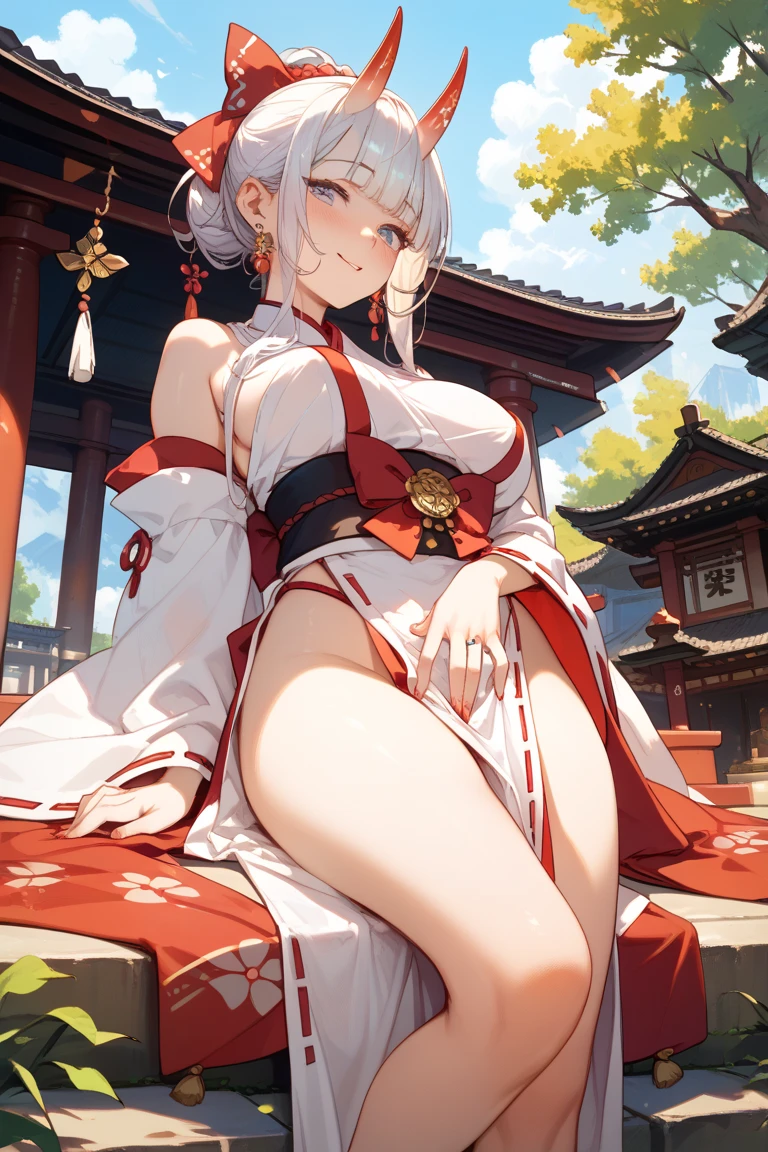 girl, long white hair, golden eyes, big boobs, big butt, big thighs, pajamas, pony tail