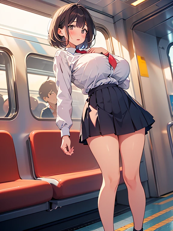 NSFW, photorealistic, top-quality, masterpiece, 1 Korean women , female only, ABSOLUTELY NO MALE, absolutely no men, VERY crowded female only subway train interior detailed scenario, VERY crowded Korean female only subway train interior detailed background, sitting on subway chair insanely hot (woman 1) using sexy ((school uniform)), (((lifted skirt)), (thick thighs), (fear expression) (black tights pantyhose), blushed face,