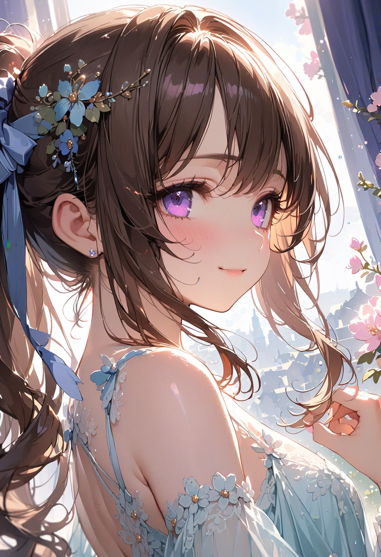(((Super Masterpiece, Super High Definition, 16K, Very Delicate and Beautiful))))), (((Masterpiece, Highest Quality, 8K, Clear and Detailed, Very Clean and Clear))), Very Beautiful young woman, dress (white dress, beautiful flower embroidery, beautiful dress, cute dress), big breasts, long hair , bangs, beautiful brown), (beautiful face: 1.2), gentle smile, tender gaze), Beautiful woman with her chin rest on her palm.