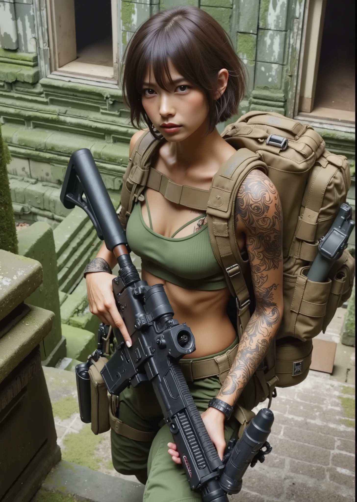 8k,Realistic Photo、Realistic Skin Texture、Superrealism、Japanese women in the US Special Forces、jungle、、rifle、、、after the rain、Bulletproof vest、Watch on left arm、Sticks to the skin when moistＴshirt、Military Pants、jungleブーツ、Tattoo、humidity、Dynamic pose、Operation End、Climbing into a troop transport vehicle covered in mud、rifleは置いてリラックスしている