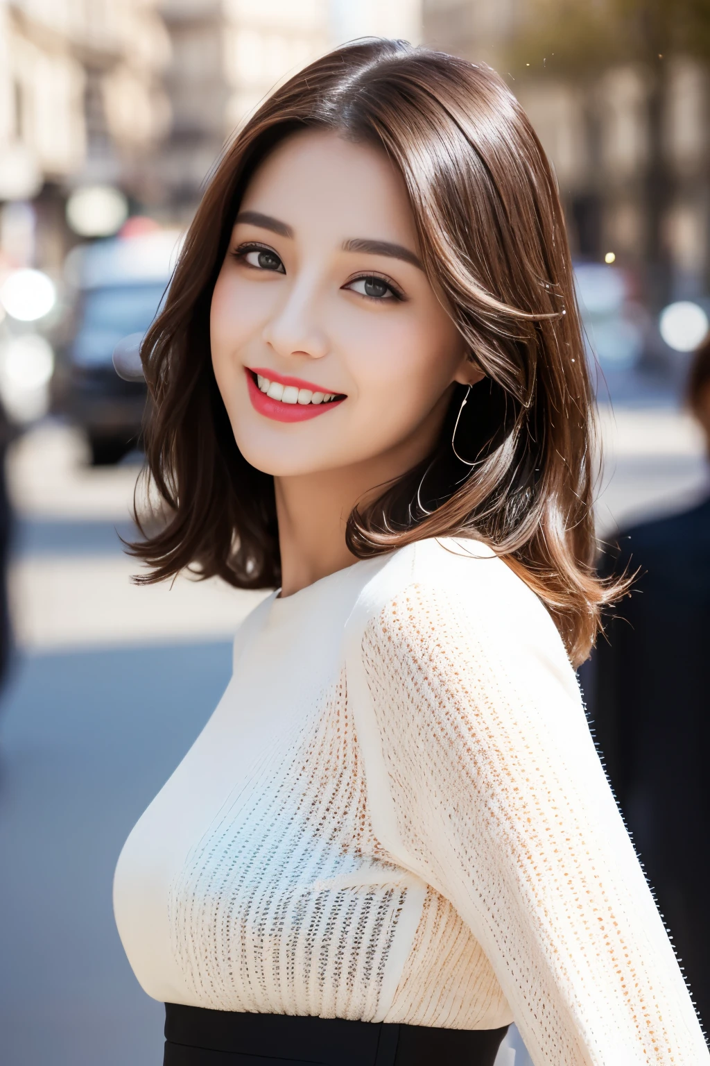((masterpiece)), ((Highest quality)), ((Complex)), ((Surreal)), (Realistic), (Mature Woman), ((No classes)), Very detailed, (1 female), Beautiful and exquisite, (Beautiful Teeth), Grin, Brunette bob hair, Brown eyes, ((blouse)), (Upper Body), (background:none), Perfect Eyes, Captivating eyes, Looking at the audience