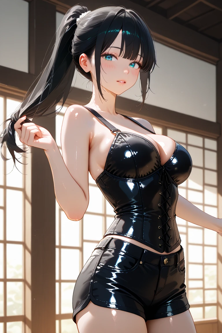 Anime Japanese woman with black hair, ponytail, blue eyes, butler-style swimsuit, black slacks, Japanese-style room, large breasts