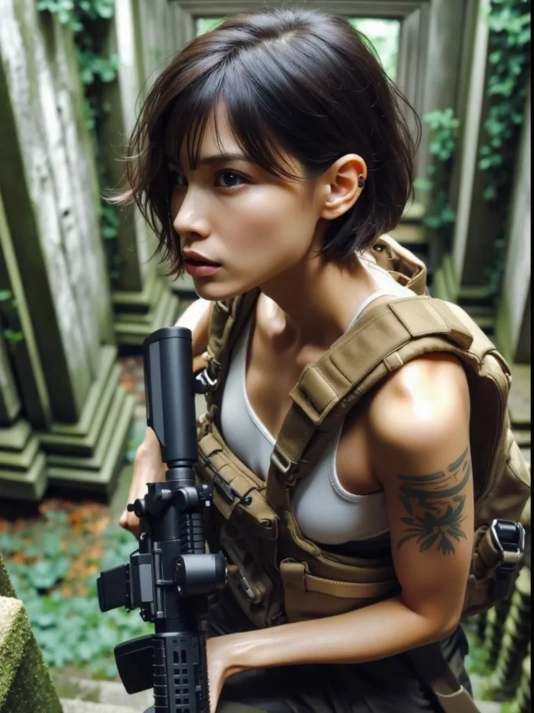 {{Masterpiece、best quality、Very detailed CG、16 ก、film light、lens flare}}、blurred background、wearing green tanktop (One women soldier aimsing a huge rifle)、realistic:1.4、black short hair 、blue eyeany weaponilitary helicopter:1.6))、special forces、war、Shinjuku at night、from above view、aims、aims、Knee shot、Wide viewing angle、Fight zombies