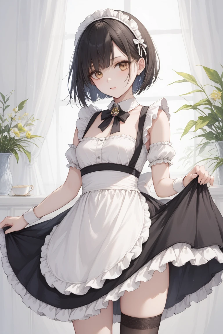 (((masterpiece, highest quality))),cowboy shot,20 year old beauty, solo,((very small head)),black hair,short hair,bangs,black eyes,blush,smile,medium breasts,((very long body,slender body)),skinny,gleaming skin,oily skin,(maid dress、French、mini skirt、white_thighhighs),Garden of the old mansion、Old big mansion、Natural light、