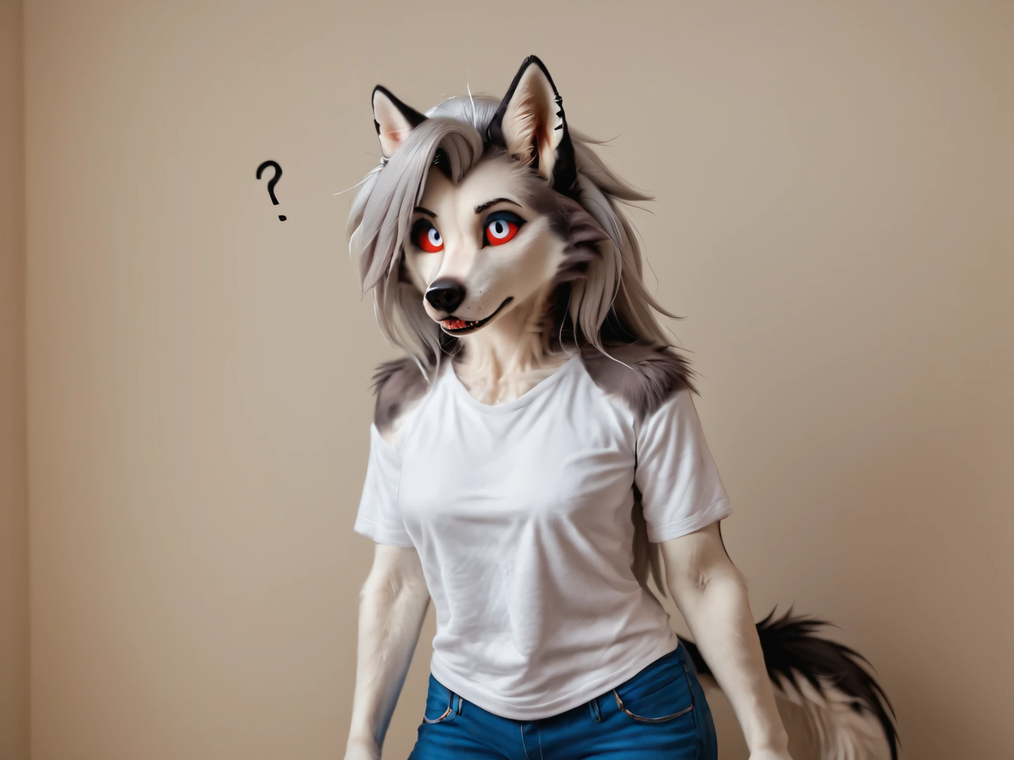 Loona, furry, fluffy tail, solo, wearing (white t-shirt, denim jacket, jeans), expression (misunderstanding, question), throws up her hands questioningly, look at viwer, simple background, low-range shot, ultrahigh details, ultra-realistic photo, details, textures, dramatic, indoor light, two-tone fur, gray fur, anthro, wolf girl, animal nose, wolf tail, red sclera, white iris, canine teeth, bangs, absurd res, sharp focus, detailed skin, detailed hair, extremely detailed, sharp focus, sharp details, 8k,