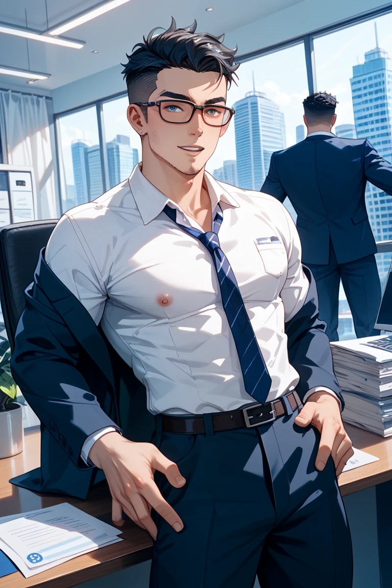 best quality, masterpiece, handsome man with medium length curtain hairstyle, skinny build, cute face, glasses, black suit, exposed torso, cries out loud, loose tie around his neck, mastom behind a table, in dimly lit luxurious office, at night, explosive cumshot, cums e table, t view, backlight, cinematic lighting, dramatic shadows