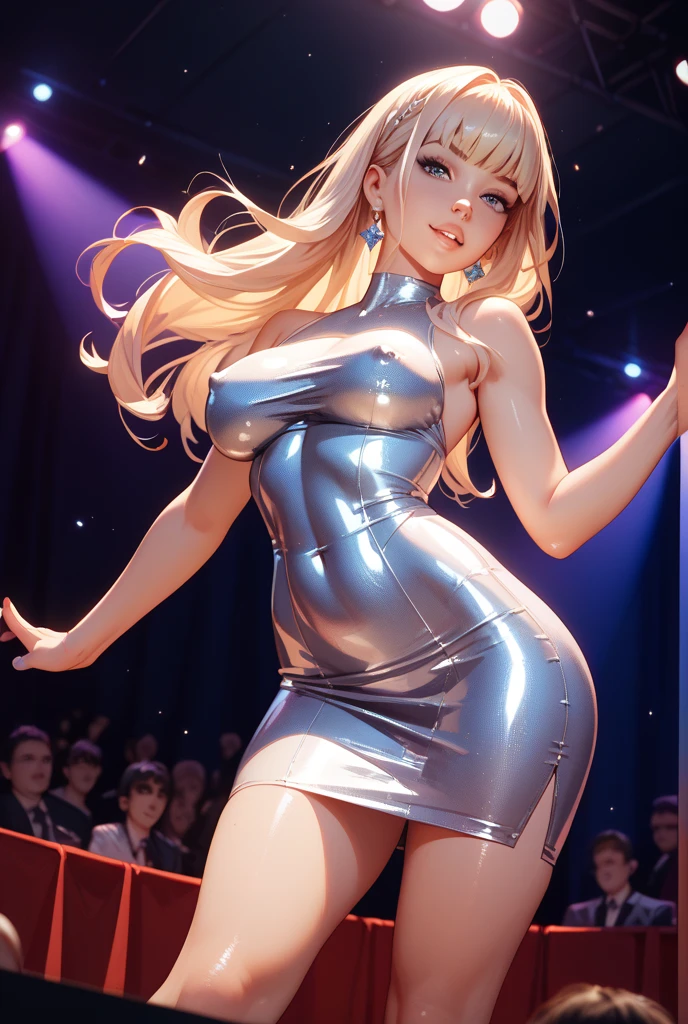 ((happy new year party, party decoration, balloms and neon lights)) ((without underwear)) ((tall beautiful russian supermodel)) ((Big bright blue eyes)), ((dark eyeshadows make up)) ((bright red lipstick)), ((happy smile)) ((very long blonde hair with bangs covering one eye)) ((very huge beauty breasts:1.7)) ((perfect slender body:1.3)) ((wears luxury dress, bright sequins dress, long dress, golden dress)) ((party crown, choker, stocking)) ((inside crowded night club dance floor)) ((dancing, dance, dancing with hands over her head)) (()) ((happy new year crowded party, party decoration)), ((high definition:1.5), ((low intencity lights)) ((masterpiece:1.5))((8k:1.5)) ((Best quality:1.4))