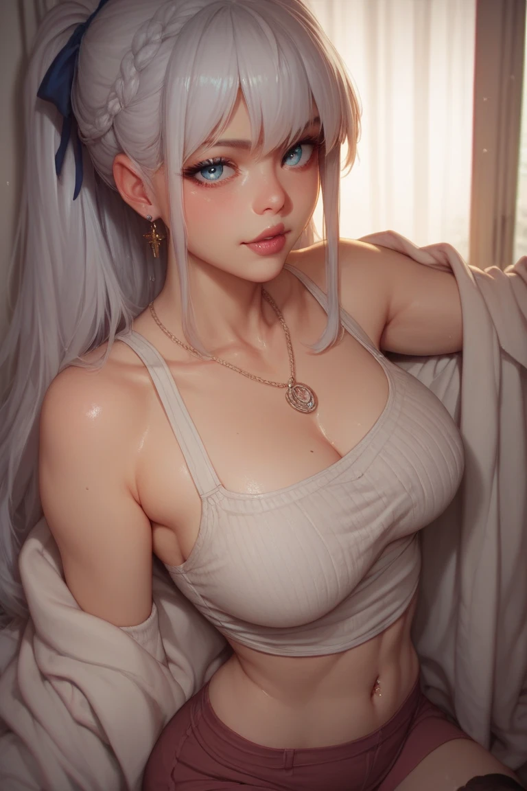 (Best Quality, masutepiece:1.2), 超A high resolution, Realistic, Front lighting, intricate detailes, Exquisite details and textures, 1girl in, Solo ,(年轻), Face Highlight, Upper body, Detailed face, Tear mole, White skin, Silver hair, Ponytail, Braid hair, Looking at Viewer, Big eyes, silk robe, (Hollow pattern, white, Silk), earrings, Small breasts, Slim body, luxury room, Professional Lighting, Photon mapping, Radio City, Physically-based rendering,blow job,