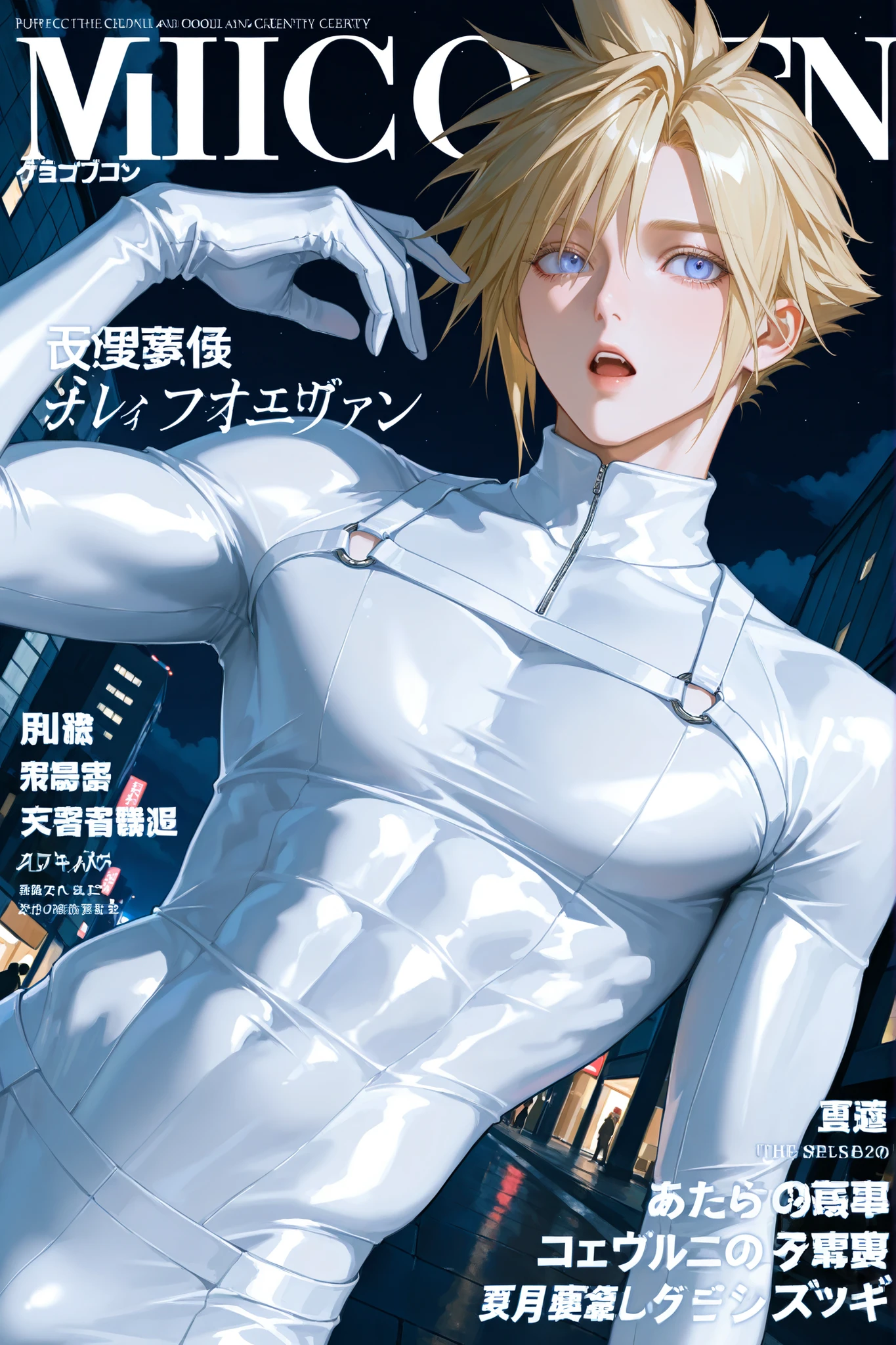 cloud_strife, :o,Mature male, handsome,white futuristic skin tight body suit, futuristic,toned body color difference,white gloves,Sharp Eyes, long lashes, 19th century English building background, night sky, 1 male, Perfect eyes, impressionist painting style, realistic skin, semi-realism detail, high detail, realistic hair, realistic details, 8k, beautiful masterpiece, detailed eyes, Dutch angle, clear eye whites, ultra detailed irises, reflective catchlight, glossy finish, upper body shot, upper body shot
contrapposto, fine fabric emphasis, wall paper, crowds, fashion, in public, Magazine cover, (title), (Magazine cover-style illustration of a cool man), posing in front of a colorful and dynamic background. (The text on the cover should be bold and attention-grabbing, with the title of the magazine and a catchy headline),