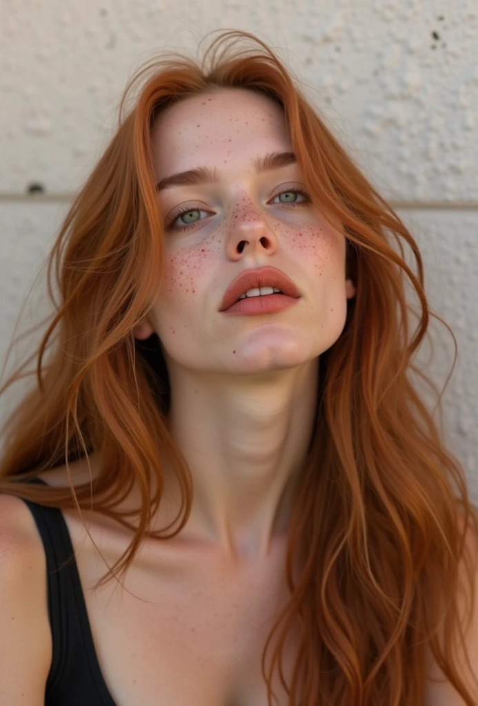raw photo, (18yo redhead girl:1.2), graphic eyeliner, rouge, realistic skin texture, Freckles, green eyes, Pele branca clara, instagram style, Pale white skin, redhead pattern,