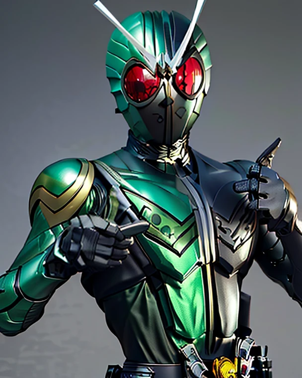 um kamen rider preto com o tema de jaguar e olhos verdes brilhantes