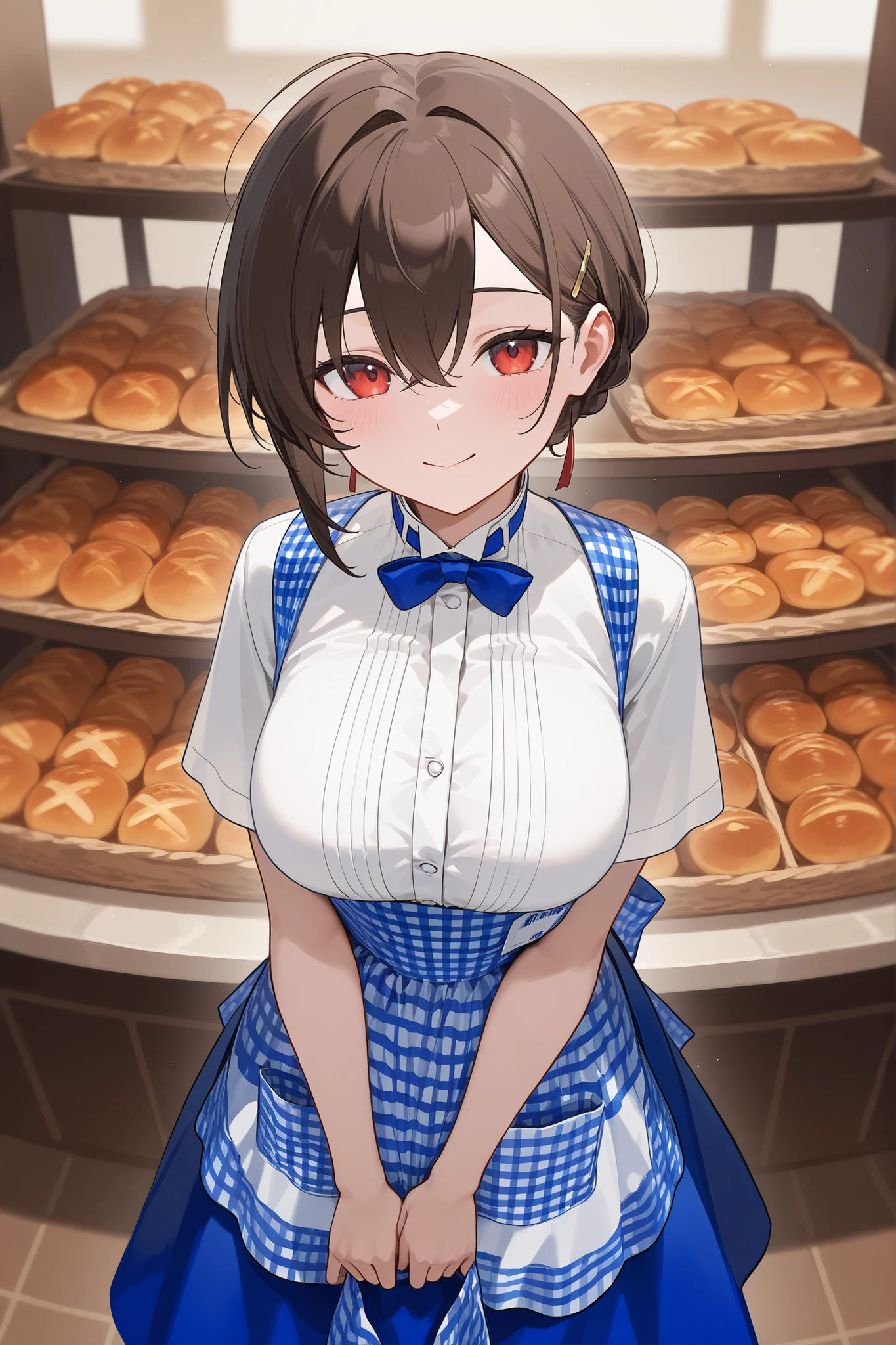 masterpiece,Highest Quality , newest , safe, beautiful woman , kobeya uniform , blue skirt , blue neckwear , gingham apron , Bakery ,