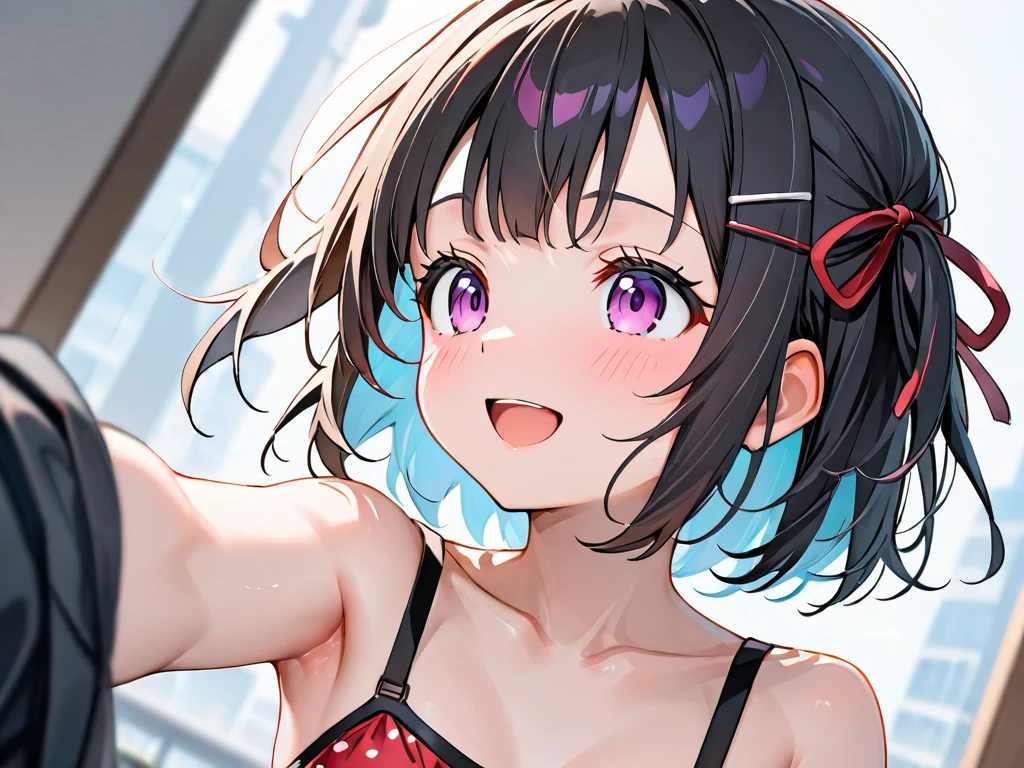 ((​masterpiece、top-quality:1.5、a high chroma:1.5、ultra-detailliert、high-resolution illustrations:1.5、Ultra-high-definition CG、8k size wallpaper、offcial art))、,(cute face:1.5)、(grin:1.3),((bring your face closer)),
 ((Shining pink eyes:1.5))、(micro bikini :1.5),((metallic black:1.5)),(erotic oil skin:1.5),(Standing:1.5), ((large breasts:1.3))、(0 pens,long tongue、stick out tongue:1.5),(:q:1.5),
,(positive:1.5),(upper body:1.5)、(midsummer beach.:1.5)、girl with,  masutepiece,