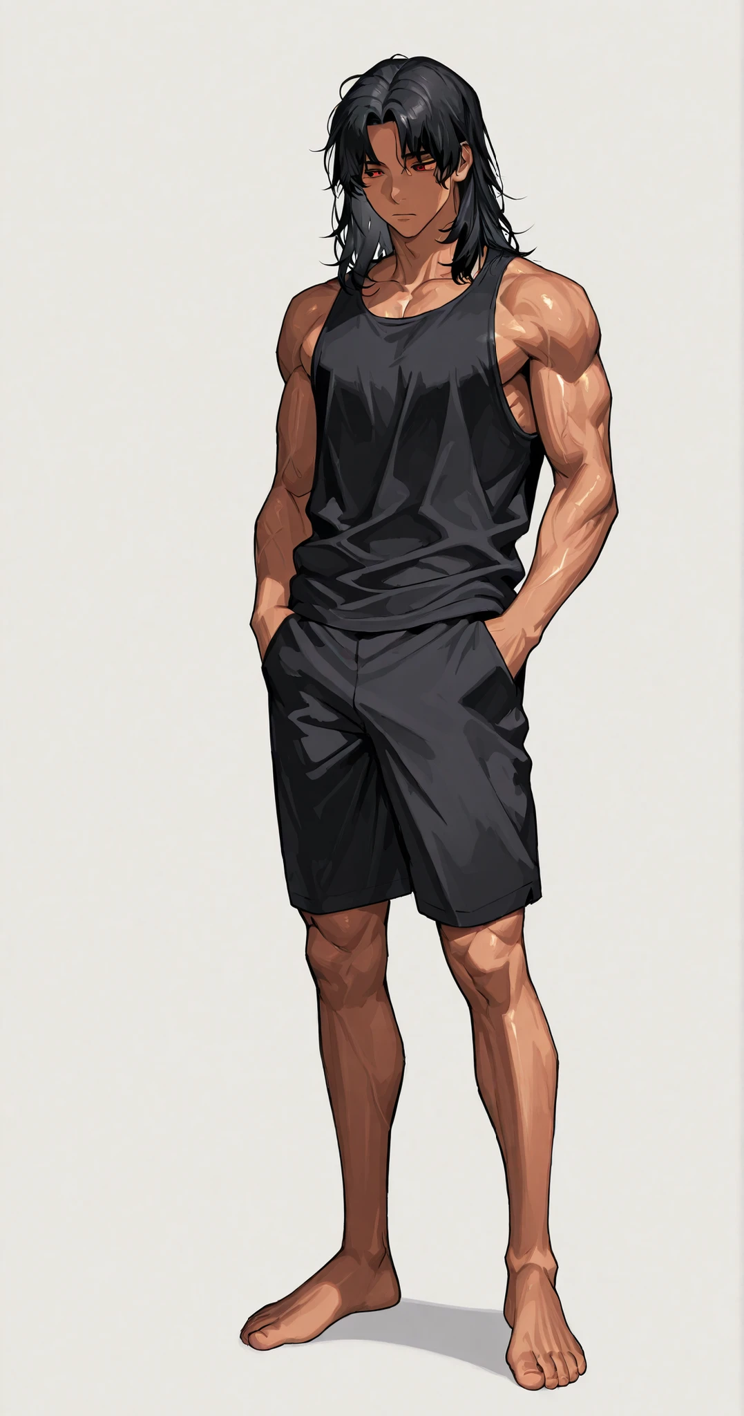 1 man, fit, handsome, wavy black hair, middle part hair, medium length hair, middle part hair, defined red eyes, cold eyes, tan, sexy body, muscular body, wide shoulders, defined muscle, black tank top, black shorts , standing, hands in pocket, feet, full body, plain white background